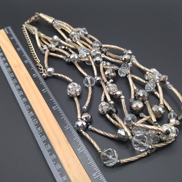 Chico's 5 Strand Beaded Necklace, Gold Swirled Tubes, Clear Silver Crystals, 24" - Picture 7 of 9